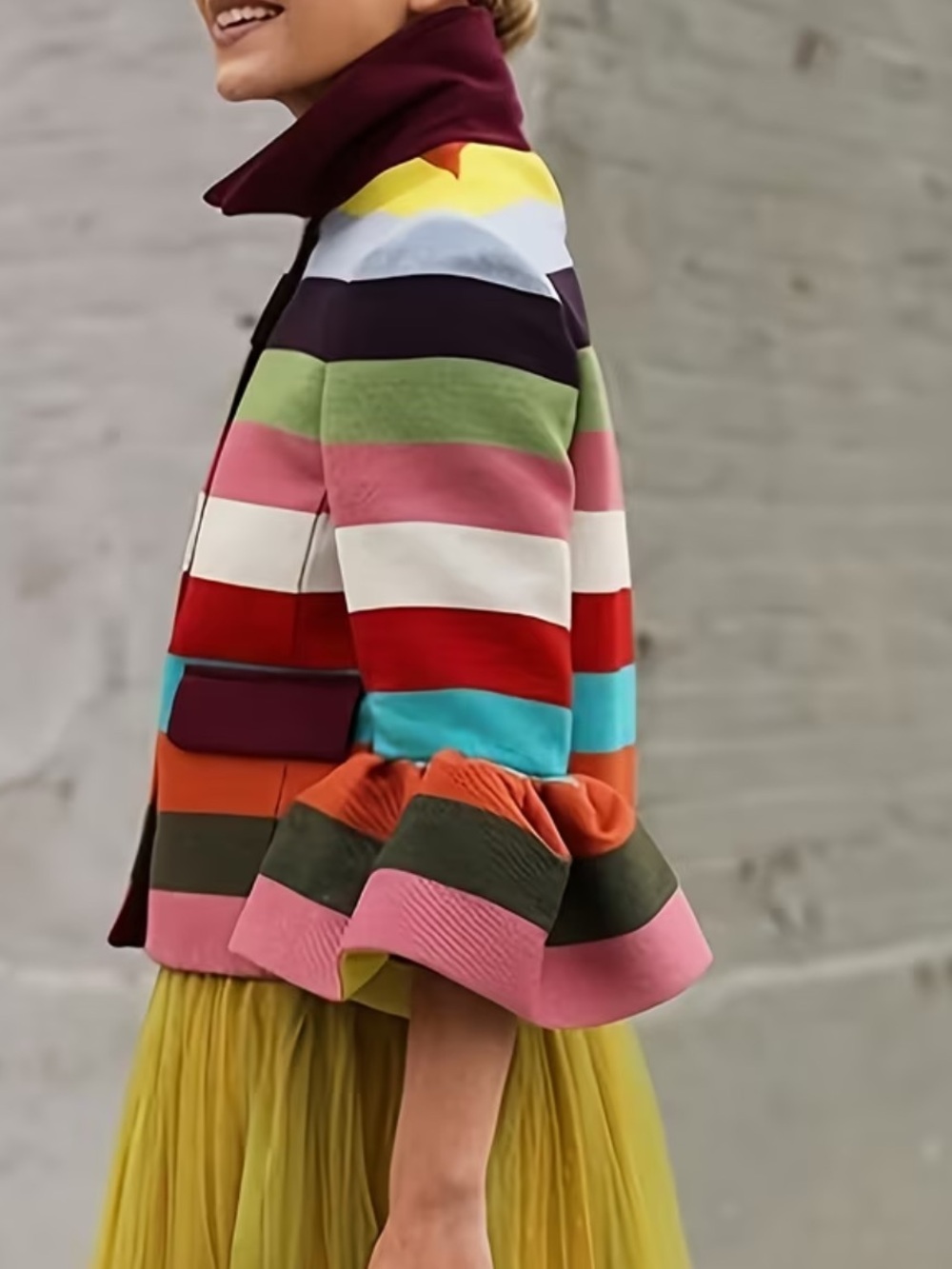 Women's Retro Multi-colored Striped Lapel Elegant Jacket with Bell Sleeves - Picture 3 of 6